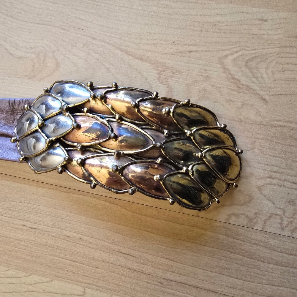 Vintage Mixed Metal Scale Buckle Leather Belt‎ Mauve Tan Statement Accessory - Picture 3 of 8